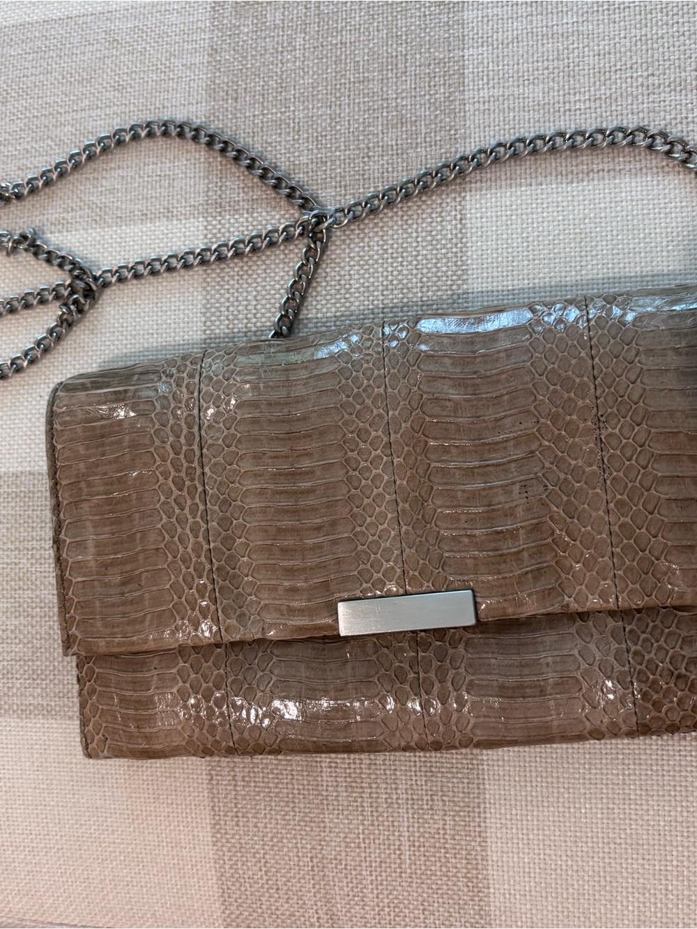 Loeffler Randall Taupe Snake-Embossed Leather Chain Clutch